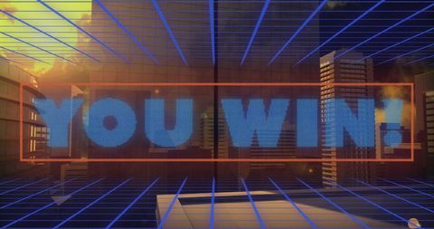 You Win Text on Futuristic Digital Cityscape