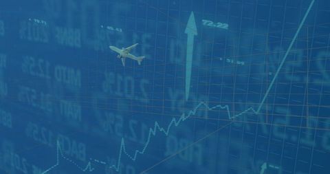Airplane Rising Amidst Upward Stock Market Blockchain Background