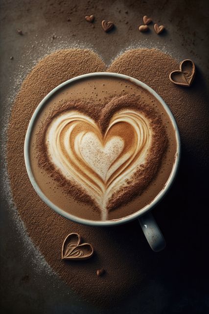 Cup of coffee with intricate heart-shaped latte art, surrounded by sprinkled cocoa powder forming a large heart. Perfect for use in promotions related to cafes, coffee shops, barista skills, romantic morning concepts, or coffee-related marketing.