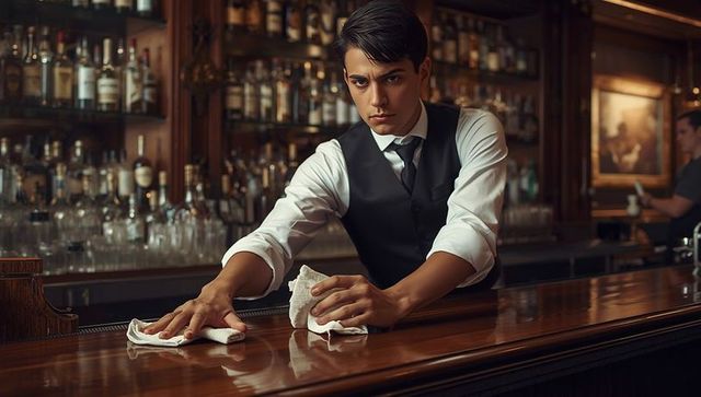Bartender in upscale venue cleaning bar counter with focused precision