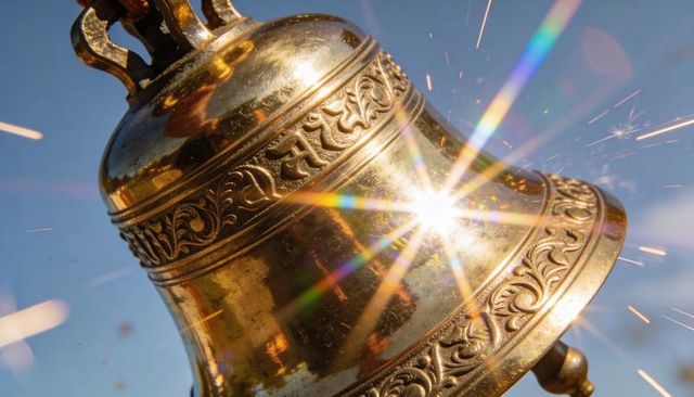 Ornate brass bell gleaming with sunburst flare and flying sparks, closeup engraved detail