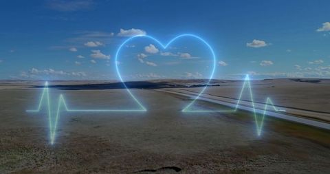 Pulse of nature: glowing ecg waveform in scenic grassland