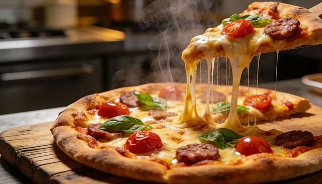 Steam rising from stretching mozzarella on thin-crust pepperoni pizza slice with fresh basil