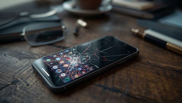 Shattered smartphone screen resting on rustic wooden table with glasses, pen, coffee cup