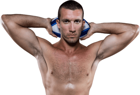 Transparent Shirtless Athlete Holding Rugby Ball Confidently