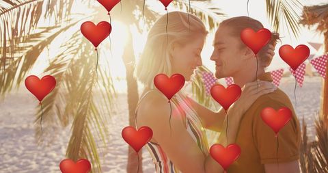 Romantic mixed media of couple with heart icons at sunset beach