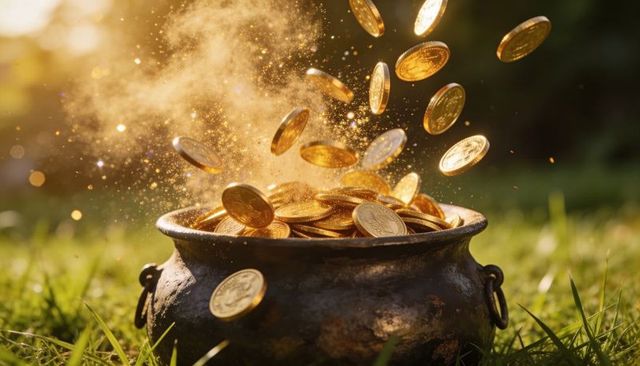 Sunlit cast-iron cauldron overflowing with gold coins and sparkling magical dust