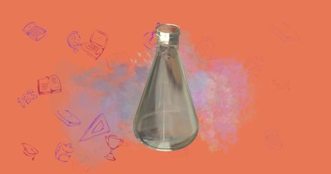 Chemistry beaker amidst futuristic science symbols