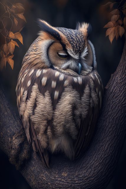 Owl resting on tree branch in a tranquil forest setting. Suitable for illustrating themes of wildlife, nature conservation, forest ecosystems, and tranquility. Ideal for use in nature blogs, environmental campaigns, educational materials, and serene wallpapers.