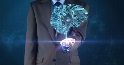 Businessman Holding Digital Brain Hologram Symbolizes AI Innovation