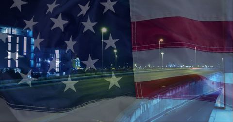 Dynamic Composite of American Flag and Urban Night Highway Scene - Download Free Stock Images Pikwizard.com