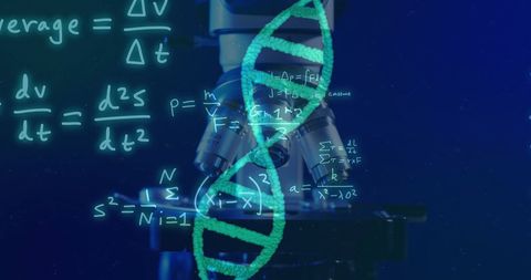 DNA Strand with Scientific Formulas and Microscope for Research