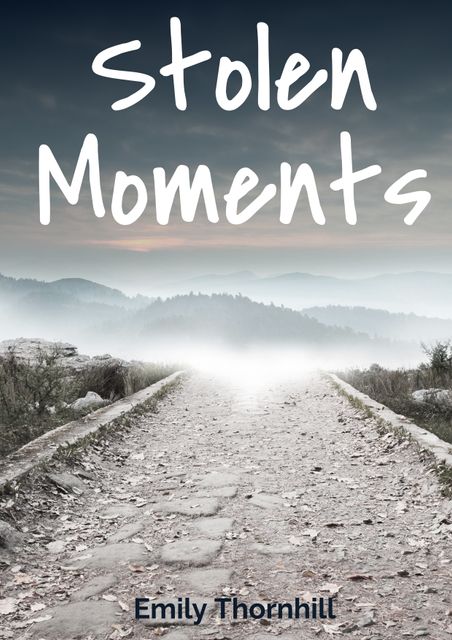 Stony pathway cutting through misty mountains invokes sense of adventure and calm. Text ‘Stolen Moments’ suggests themes of memory, reflection, or romance. Ideal for book covers, motivational posters, or travel blogs emphasizing serene and tranquil landscapes.
