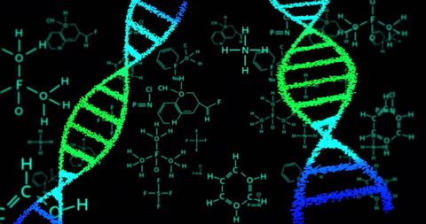 Glowing dna strands with chemical structures zavrel