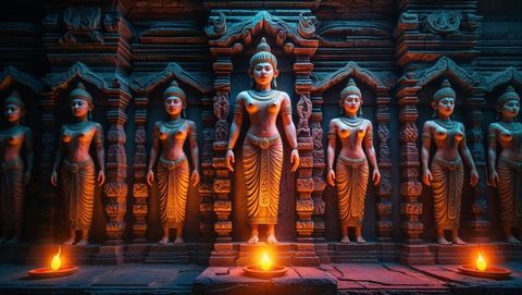 Ancient carved statues in traditional temple with illuminating oil lamps