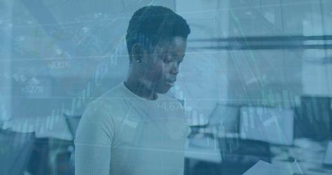 Digital Interface Overlay Over Woman in Business Office Responding to Document