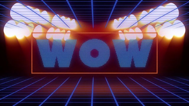 3D render of 'WOW' text with retro neon lights and grid background. Suitable for technology themes, promotional content, digital media, and social media graphics emphasizing excitement, surprise, or innovation.