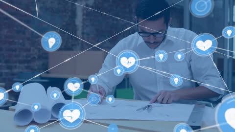 Architect Examining Plans with Digital Technology Networking Overlay