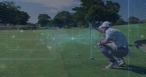 Golfer Analyzing Putt with Advanced Technology Overlays