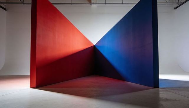 Converging red and blue panels creating symmetrical light and shadow in minimal gallery