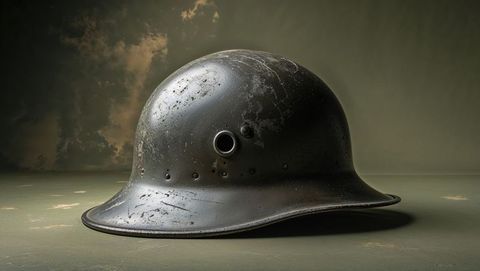 Antique first world war steel combat helmet on weathered table