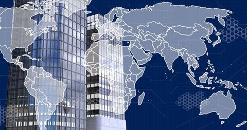 Futuristic Skyscrapers Intersecting with Digital World Map