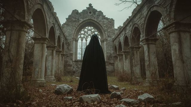 Mystical cloaked figure in abandoned gothic ruins