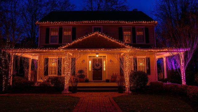 Cozy Two-Story House with Festive Holiday Lights