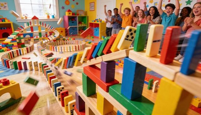 Colorful domino and wooden block cascade toppling across classroom with cheering children