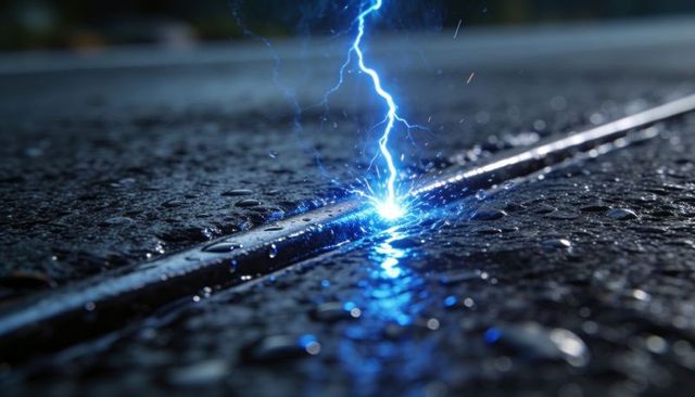 Electric blue-white lightning striking wet asphalt rail seam close-up with sparks and reflections