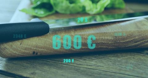 Augmented reality holographic price overlay on wooden cutting board with chef knife and lettuce