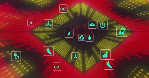 Futuristic Ecology Icons Hovering Over Digital Landscape - Download Free Stock Images Pikwizard.com