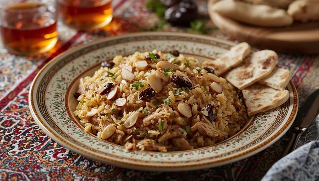 Persian-style chicken pilaf with almonds and raisins on ornate ceramic plate