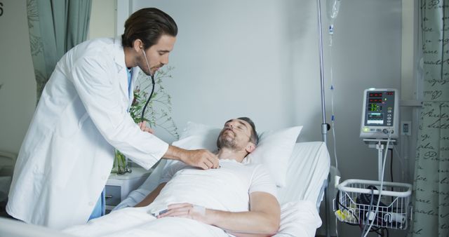 Doctor Examining Patient in Hospital Bed with Medical Equipment - Download Free Stock Images Pikwizard.com