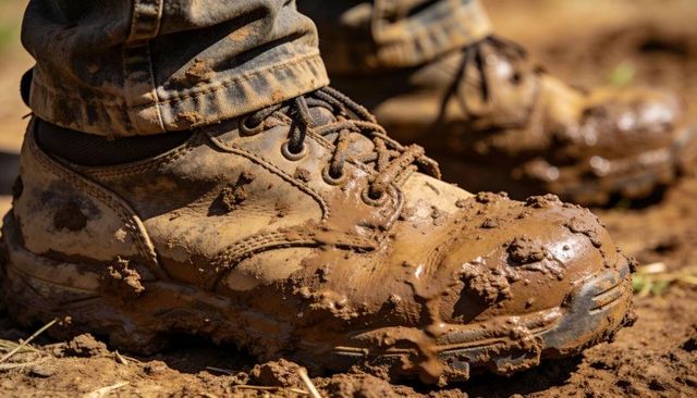 Mud-coated work boot standing on wet soil closeup showing laces, rugged tread and texture