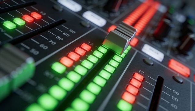 Studio mixer fader sliding over glowing green and red LED level meters, close-up control