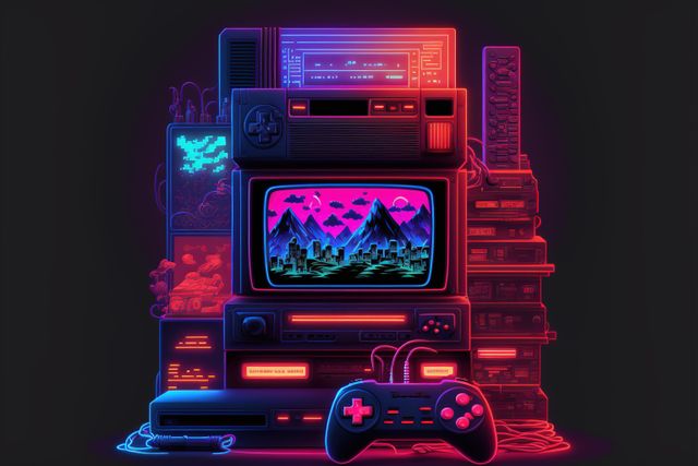 Retro gaming setup features neon lights illuminating old-school consoles and a CRT monitor displaying a pixelated cityscape scene. Joystick in foreground, vintage game collection stacked nearby. Ideal for media highlighting retro gaming culture, nostalgia, and classic video game history. Could be used in articles, blogs, social media posts, ads relating to technological evolution, gaming history, or nostalgic themes.