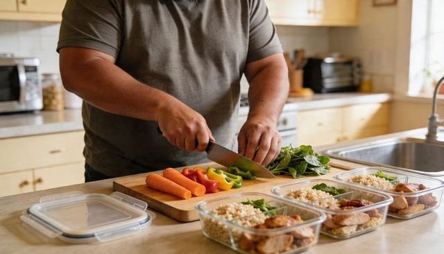 Man prepping healthy weekly meals on kitchen counter chopping vegetables and chicken