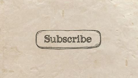 Hand-drawn subscribe button on vintage paper with crosshatch serif lettering