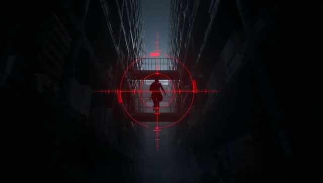 Standing shadowed figure under red crosshair in industrial walkway, cyberpunk silhouette