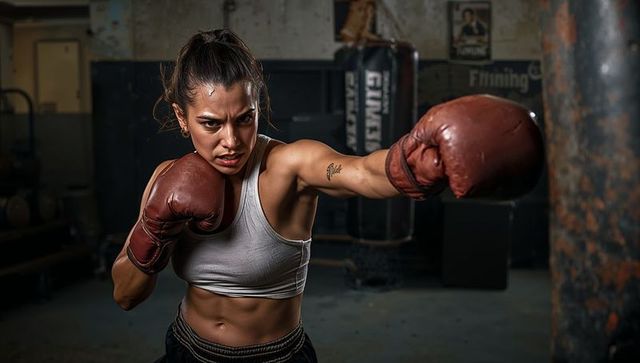 Determined female boxer delivering powerful punch to heavy bag in gritty gym, dramatic lighting