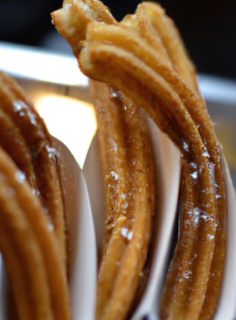 Churros with a light sugar dusting depict a delightful snack. Perfect for use in bakery menus, food blogs, dessert recipes, and culinary magazines. A mouth-watering close-up that highlights texture and freshness.