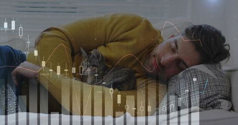Sleeping man hugging tabby cat on bed with financial chart overlay cozy home finance concept