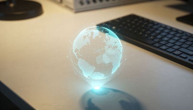 Teal holographic globe projecting above desk with keyboard and futuristic emitter
