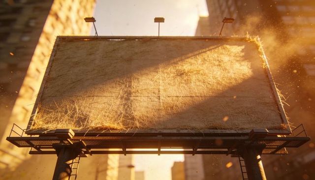 Glowing billboard wrapped in straw fibers catching golden sunlight in urban canyon with dust