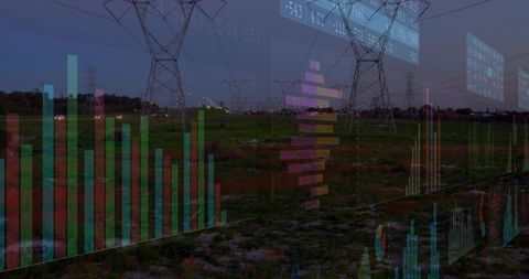 Monitoring energy grid with augmented data overlays over high-voltage pylons at dusk