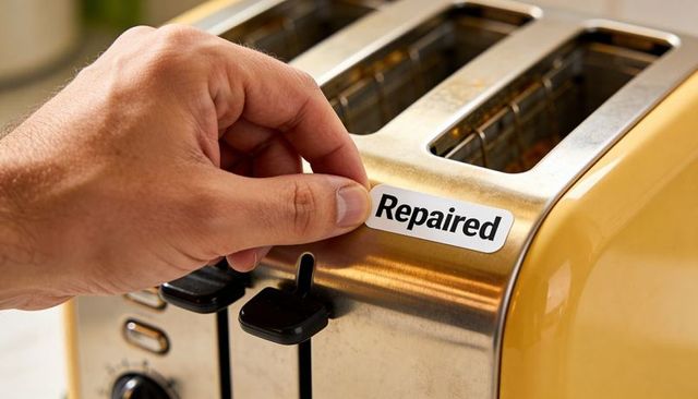 Hand applying repaired sticker to yellow toaster on kitchen counter for appliance repair