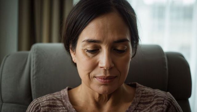 Contemplative mature woman gazing down wearing knitted striped sweater in soft armchair