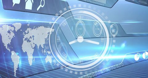 Futuristic Digital Interface with World Map and Virtual Clock - Download Free Stock Images Pikwizard.com