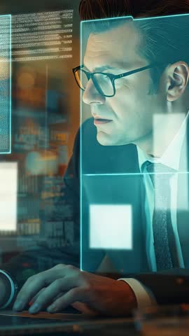 Business Analyst Scanning Live Data Panels While Typing on Laptop, Reacting to Analytics